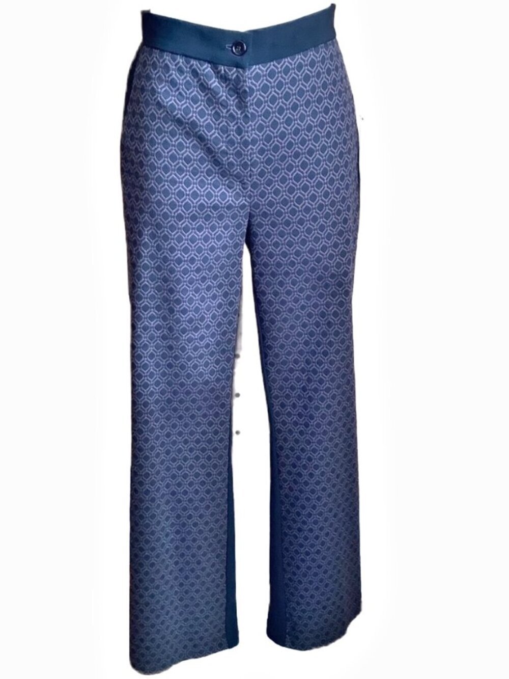 JOSEPH RIBKOFF Geometric Flare Trousers Black Brown 10 Stretch Knit